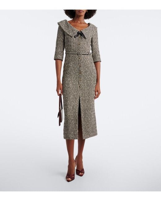 Alessandra Rich Gray Belted Cotton And Wool-Blend Tweed Midi Dress