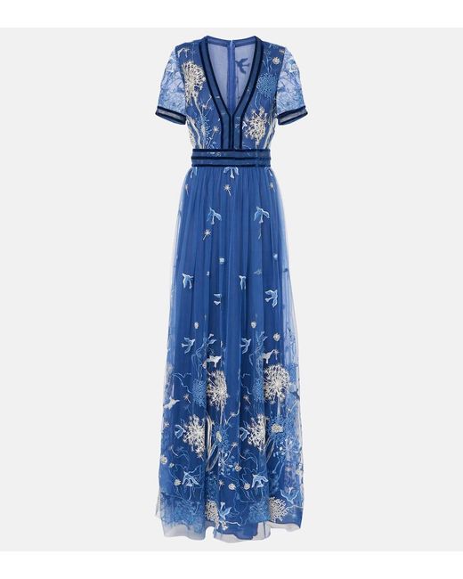 Costarellos Blue Floral Embroidered Gown