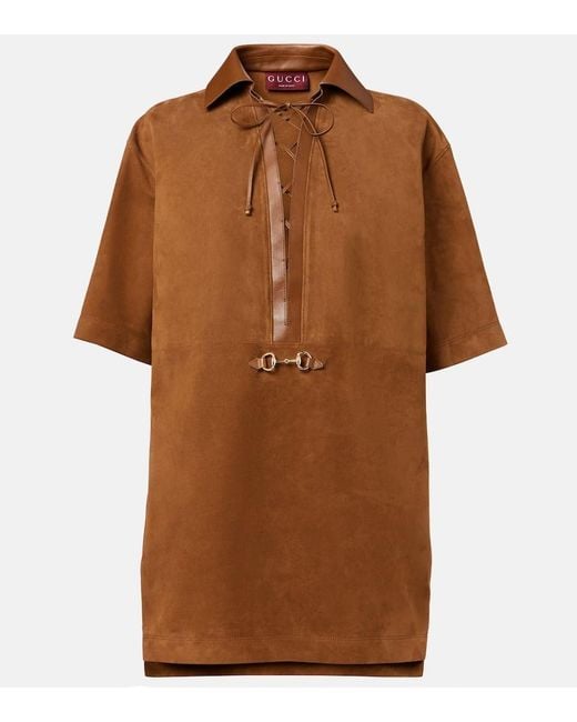 Gucci Brown Horsebit Leather-Trimmed Suede Minidress