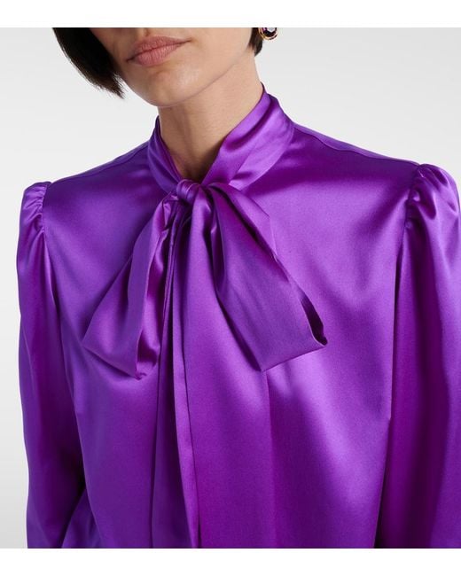 Dolce & Gabbana Purple Tie-Neck Silk-Blend Satin Blouse