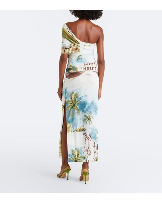 Oscar de la Renta Metallic Asymmetric Draped Printed Jersey Cocktail Gown