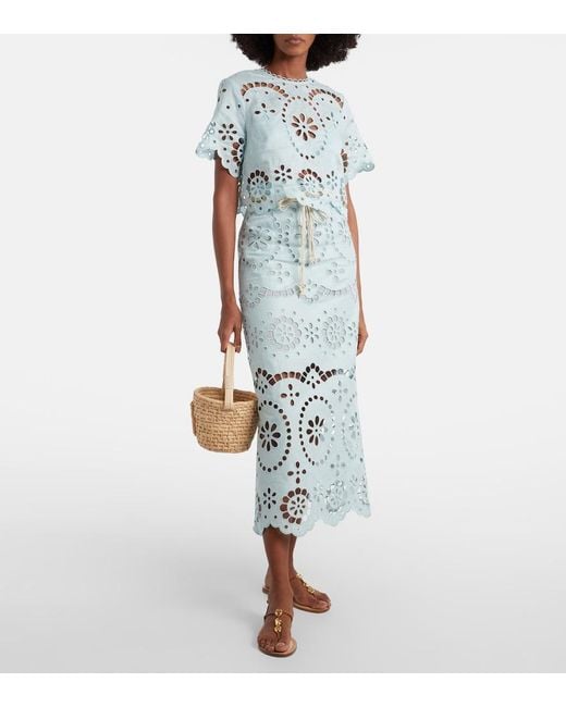 Zimmermann Blue Awaken Embroidered Linen Crop Top