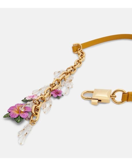 Dolce & Gabbana White Embellished Floral Leather And Chain Belt