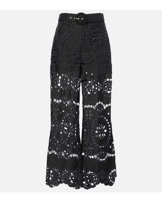 Zimmermann Black Pop Embroidered Linen Wide-Leg Pants