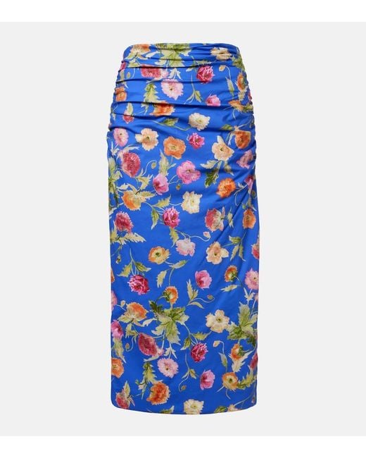 Carolina Herrera Blue Floral Ruched Cotton-Blend Midi Skirt