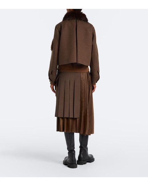 Sacai Brown Layered Pleated Wool-Trimmed Midi Skirt