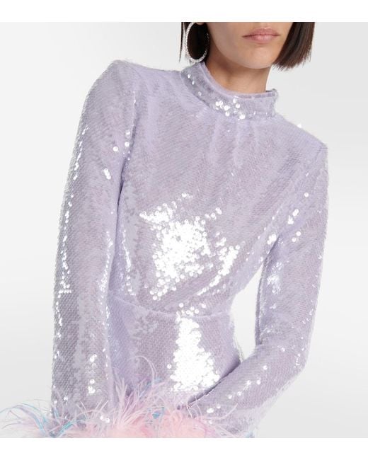 Self-Portrait Purple Feather-Trimmed Sequined Gown