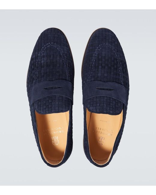 Brunello Cucinelli Blue Woven Suede Penny Loafers for men
