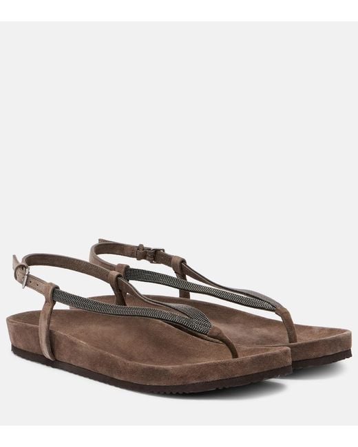 Brunello Cucinelli Brown Monili Suede Thong Sandals