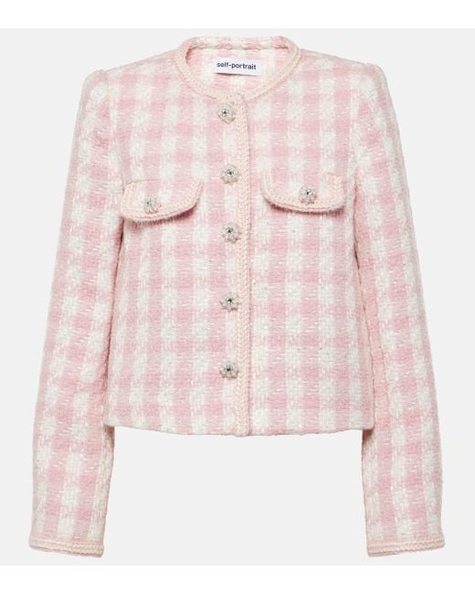 Self-Portrait Pink Bouclé-texture Chest-pocket Woven Jacket