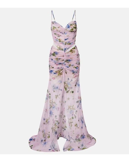 Blumarine Purple Floral Ruched Sheer Gown