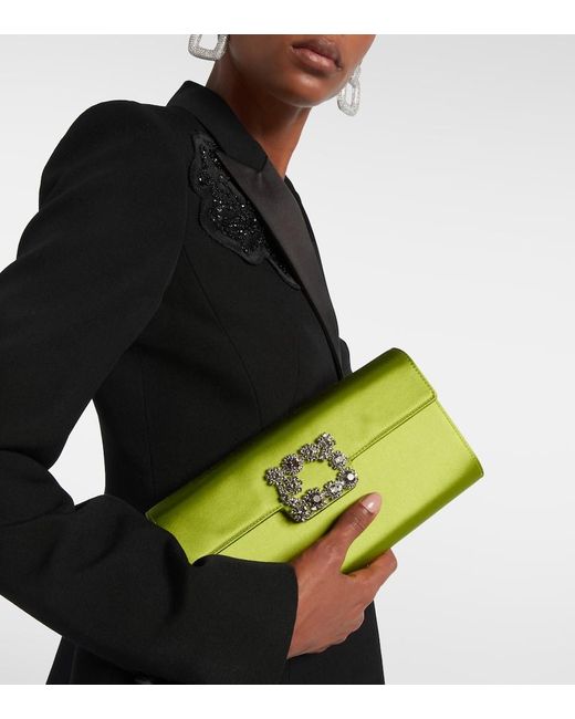 Roger Vivier Green Efflorescence Satin Clutch
