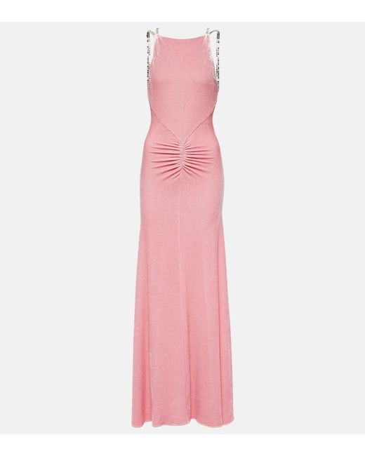Rabanne Pink Embellished Ruched Velvet Gown