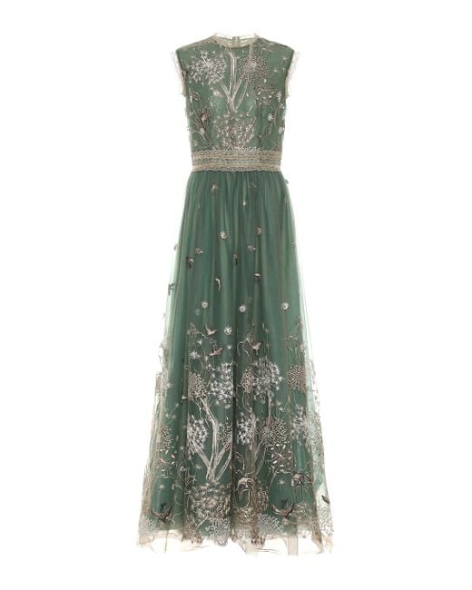 Costarellos Green Embroidered Tulle Gown