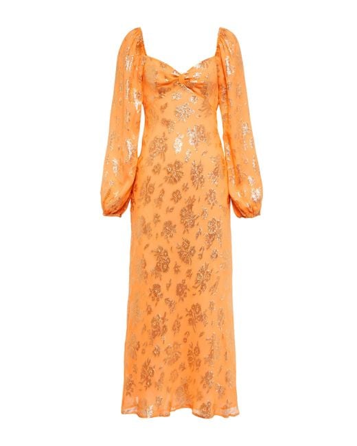 Rixo Orange Floral Midi Dress