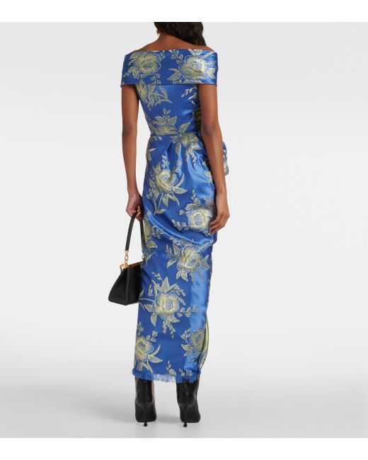 Etro Blue Off-shoulder Jacquard Midi Dress