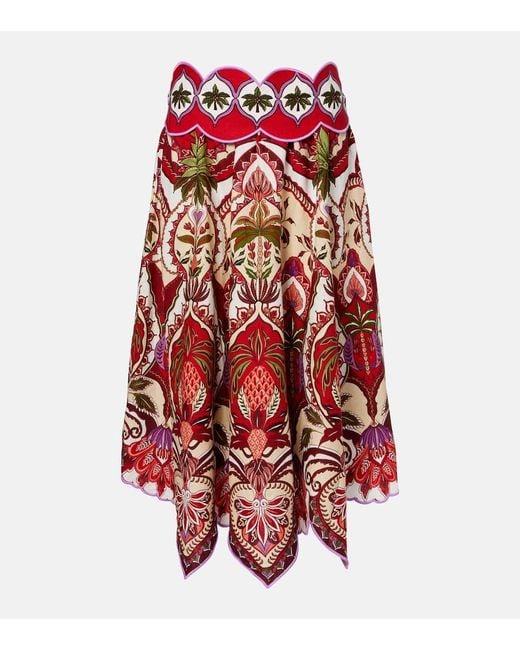 Farm Rio Red Odara Scalloped Linen-Blend Midi Skirt