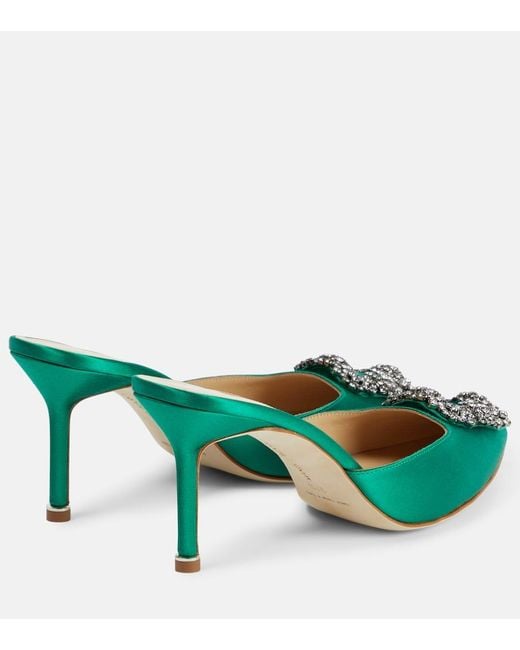 Manolo Blahnik Green Mules Hangisimu 70 Aus Satin Mit Kristallen