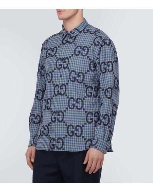 Gucci Hemd Aus Karierter Wolle Mit Jumbo GG Muster in Blue für Herren
