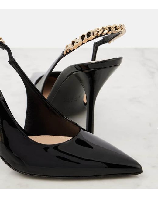 Gucci Black 'Signoria' Slingback Pumps With Logo Lettering Plaque On The Strap And High Heel