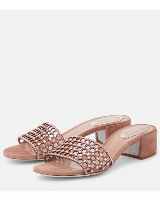 Rene Caovilla Pink Embellished Suede Mules
