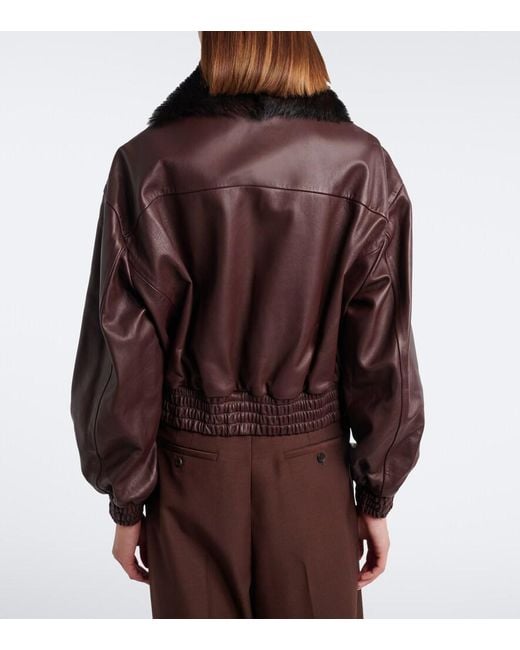 Nour Hammour Brown Shearling-Trimmed Leather Blouson Jacket
