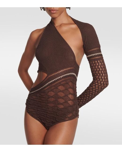Roberta Einer Brown Dina Asymmetric Knit Bodysuit