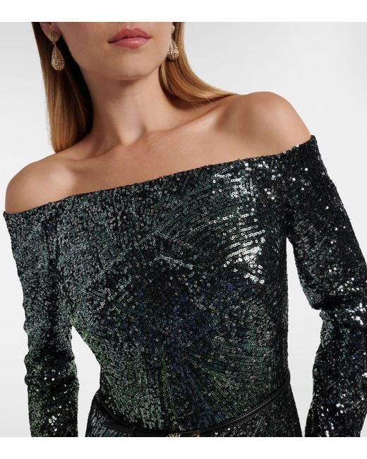Robe Longue En Soie Melangee A Sequins Elie Saab en coloris Green