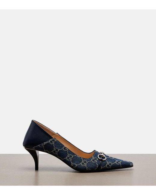 Gucci Blue Vittoria Leather-Trimmed Denim Pumps