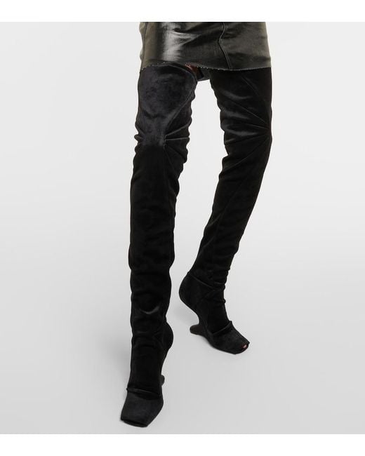 Rick Owens Black Cantilever Velvet Over-The-Knee Boots