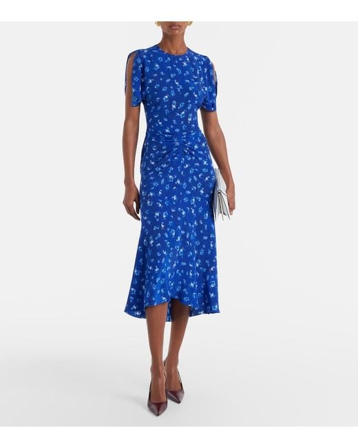 Victoria Beckham Blue Bela Floral Gathered Silk Midi Dress