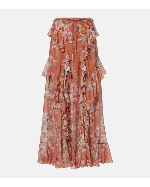 Zimmermann Red Awaken Floral Cotton And Silk Maxi Skirt