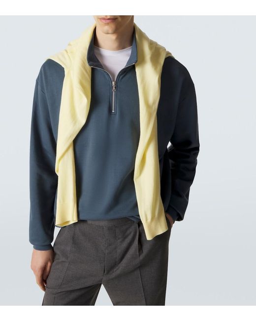 Auralee Blue Cotton Half-Zip Sweatshirt for men