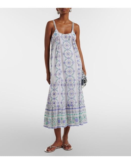 Juliet Dunn Blue Embellished Floral Cotton Midi Dress