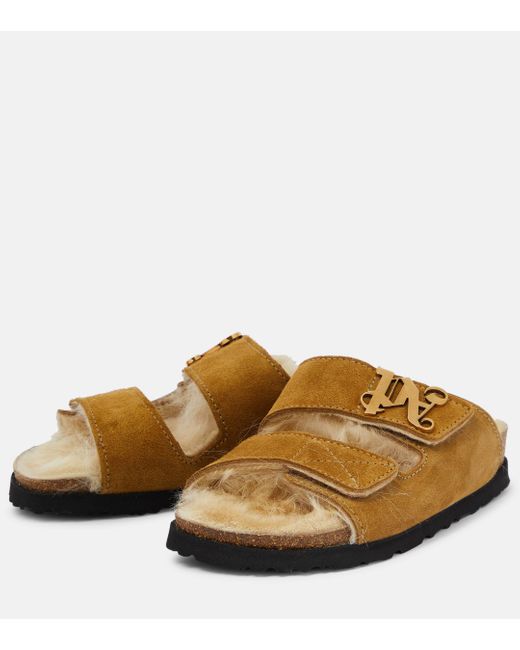 Palm Angels Brown Shearling-lined Suede Slides