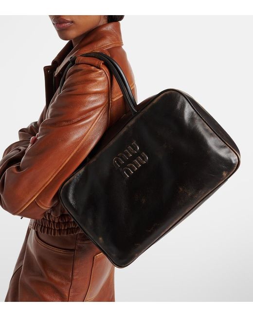 Miu Miu Black Beau Logo Leather Tote Bag