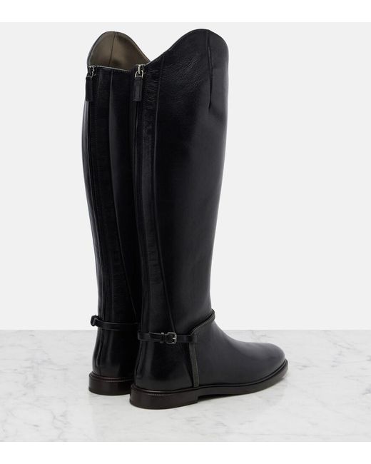 Brunello Cucinelli Black Monili Leather Knee-High Boots