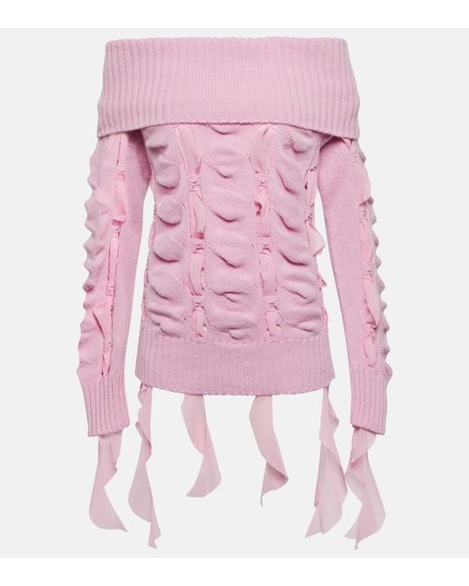 Blumarine Pink Rushed Off-Shoulder Wool Sweater