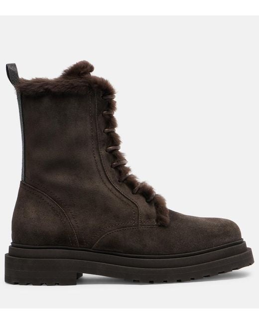 Brunello Cucinelli Black Monili Shearling-Trimmed Suede Lace-Up Boots
