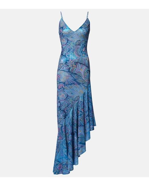 Etro Blue Paisley Asymmetric Ruffled Midi Dress