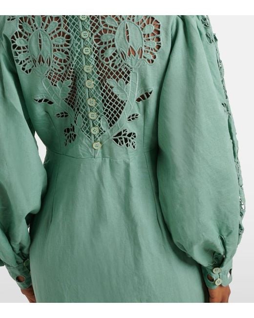 Farm Rio Green Broderie Anglaise Linen And Cotton Midi Dress