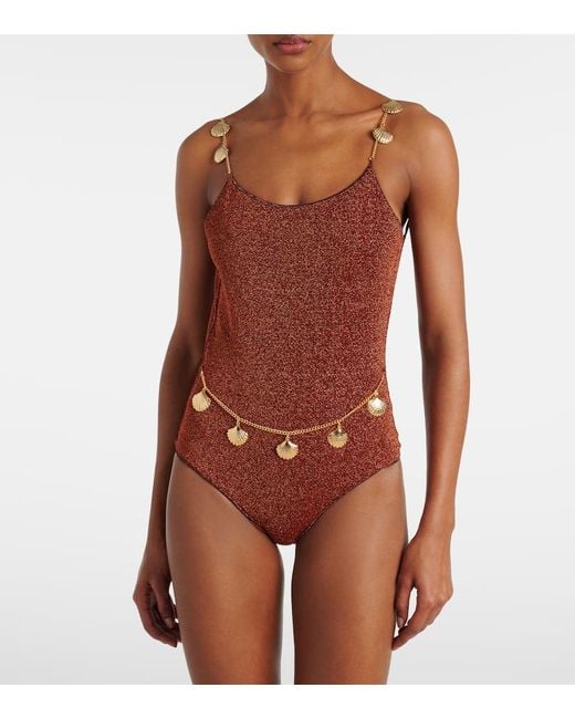 Oseree Red Lumiere Shells Embellished Swimsuit
