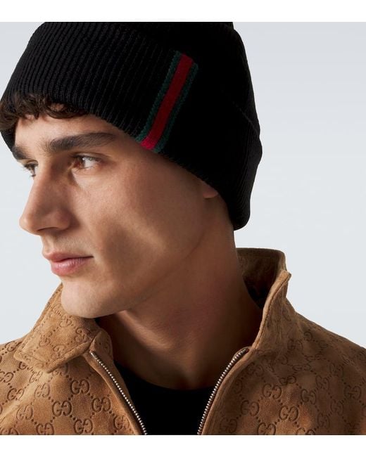Gucci Black Web Stripe Wool Beanie for men