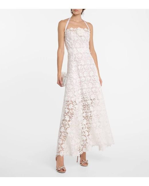 Oscar de la Renta White Floral-Applique Guipure Lace Gown