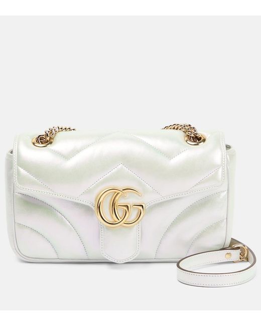 Gucci White Schultertasche GG Marmont Small aus Metallic-Leder