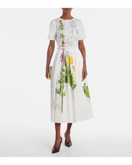Oscar de la Renta White Belted Floral-Print Cotton-Blend Poplin Midi Dress