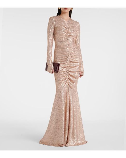 Norma Kamali Natural Ruched Sequined Gown