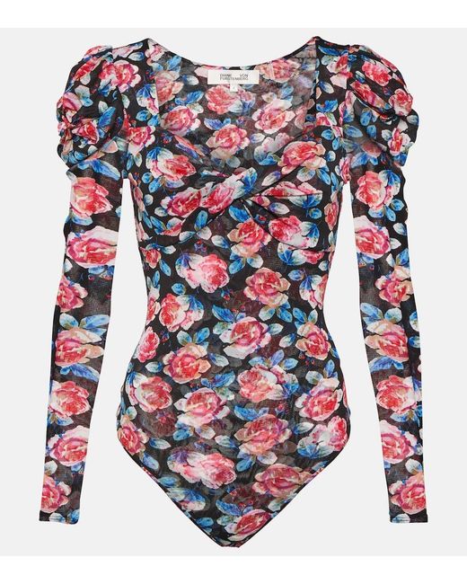 Diane von Furstenberg Blue Erik Floral Mesh Bodysuit