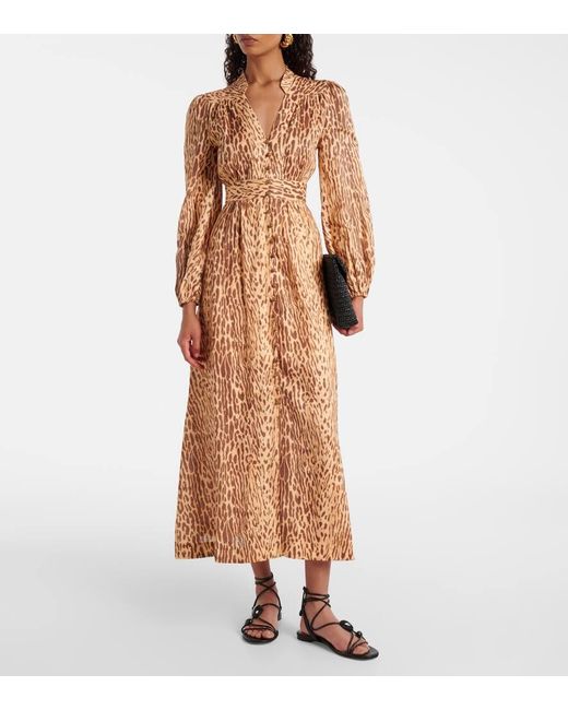 Vestido Midi Cascadian De Lino Estampado Zimmermann de color Brown