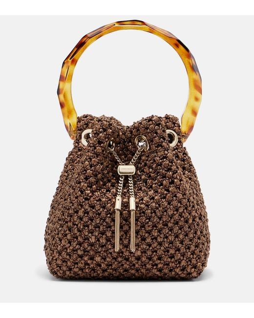 Jimmy Choo Brown Bon Bon Small Raffia-Effect Bucket Bag